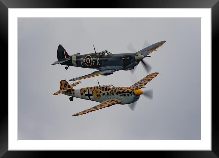 Spitfire and Buchon Framed Mounted Print by J Biggadike