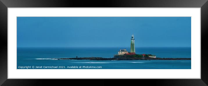 St Mary's Lighthouse and Keepers' Cottages in Blue Framed Mounted Print by Janet Carmichael