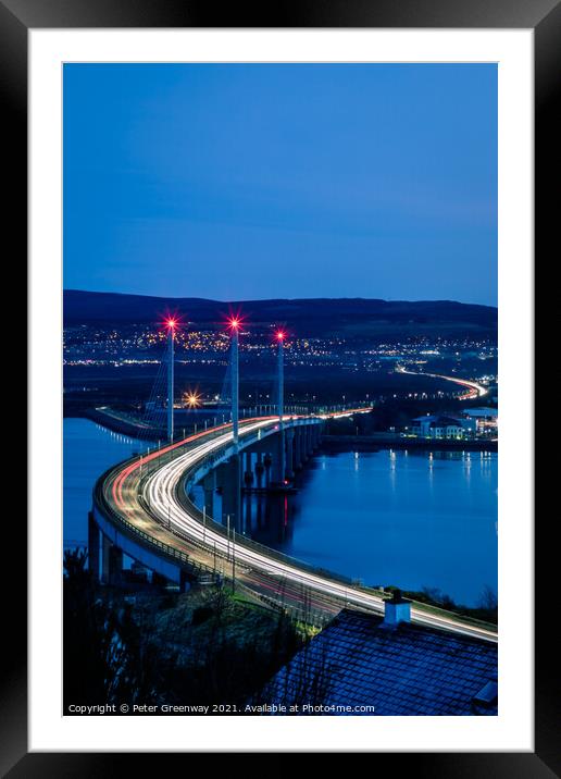 Traffic Light Trails Over Kessock Bridge In Inverness After Dark Framed Mounted Print by Peter Greenway