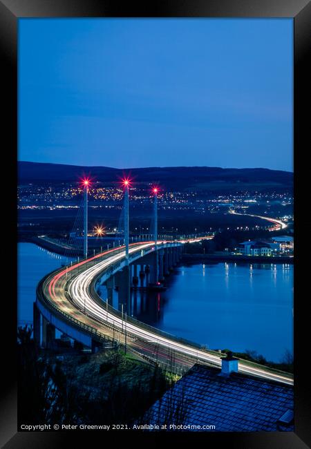 Traffic Light Trails Over Kessock Bridge In Inverness After Dark Framed Print by Peter Greenway