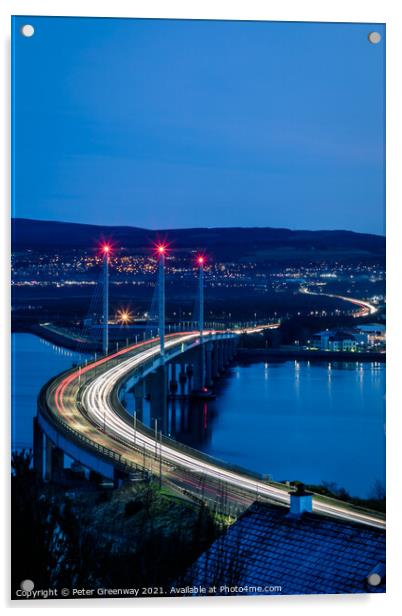 Traffic Light Trails Over Kessock Bridge In Inverness After Dark Acrylic by Peter Greenway