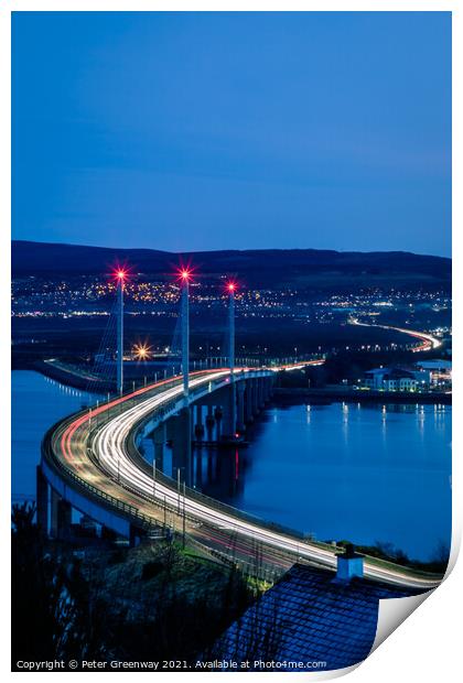Traffic Light Trails Over Kessock Bridge In Inverness After Dark Print by Peter Greenway