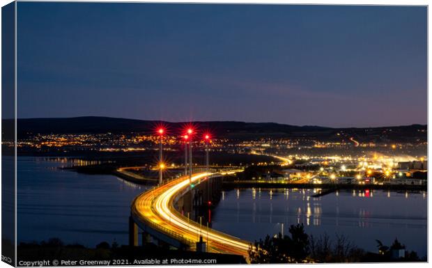 Traffic Light Trails Over Kessock Bridge In Inverness After Dark Canvas Print by Peter Greenway