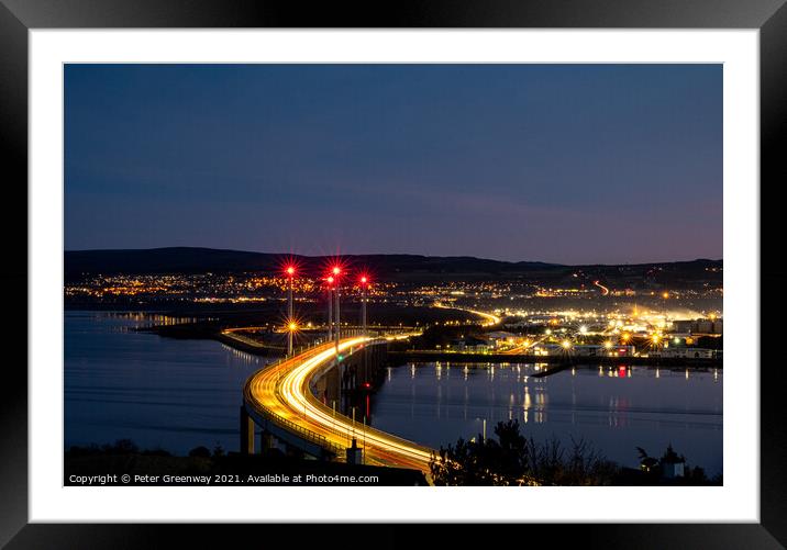 Traffic Light Trails Over Kessock Bridge In Inverness After Dark Framed Mounted Print by Peter Greenway