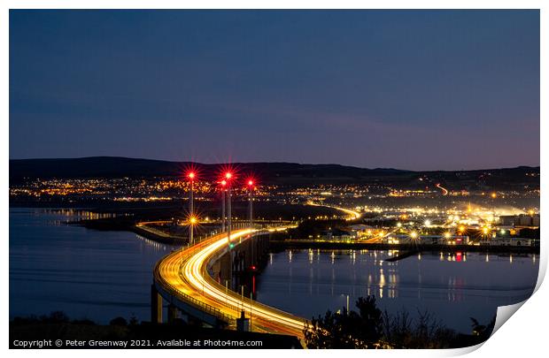 Traffic Light Trails Over Kessock Bridge In Inverness After Dark Print by Peter Greenway