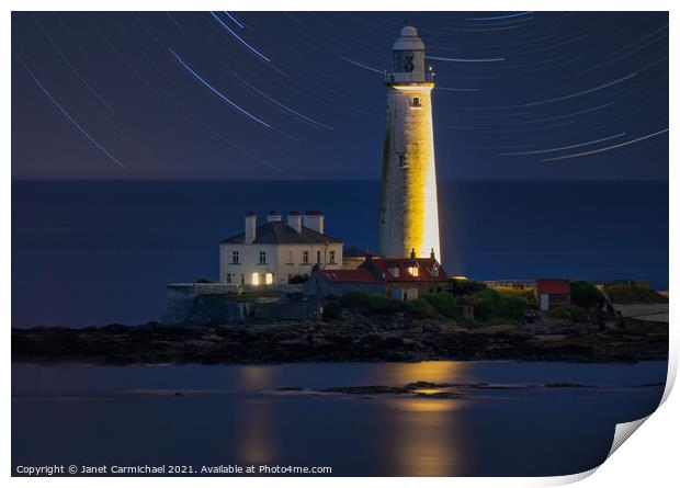 Enchanting Nighttime View of St Marys Lighthouse Print by Janet Carmichael
