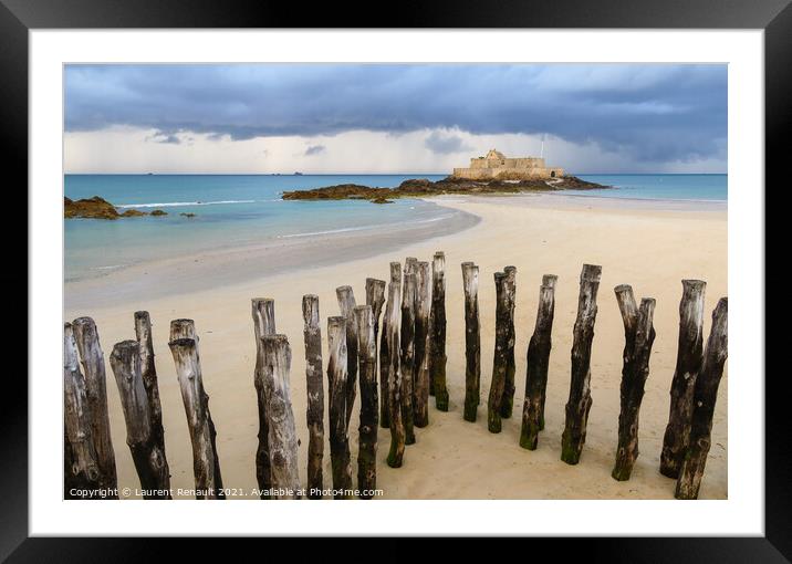 Fort National in Saint-Malo and breakwater trunks at eventail be Framed Mounted Print by Laurent Renault