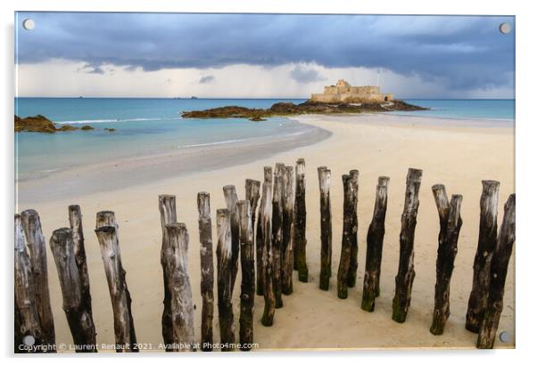 Fort National in Saint-Malo and breakwater trunks at eventail be Acrylic by Laurent Renault