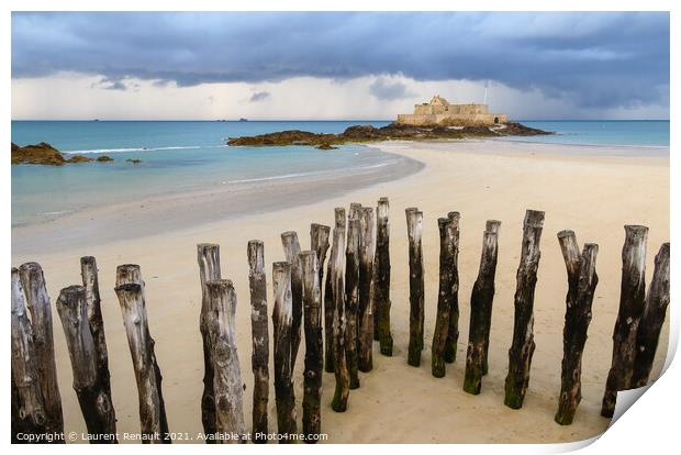 Fort National in Saint-Malo and breakwater trunks at eventail be Print by Laurent Renault