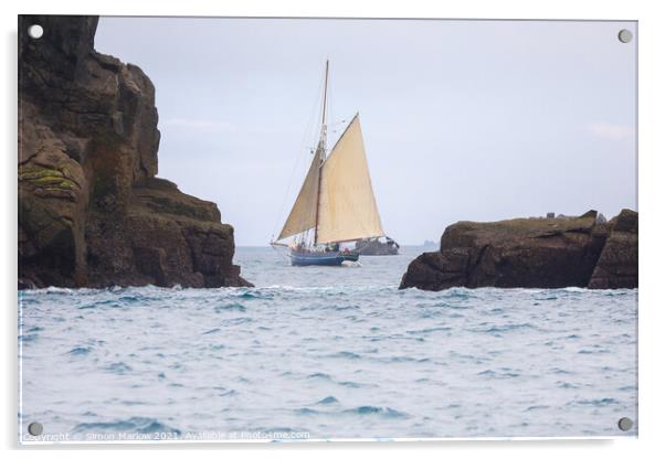 Yacht sailing between rocks in the Isles of Scilly Acrylic by Simon Marlow