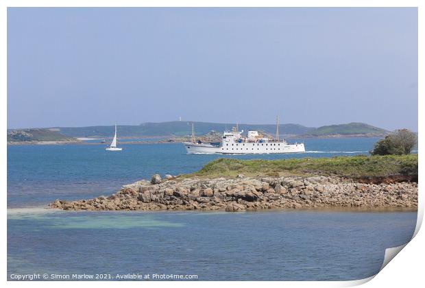 The Scillonian 3 sailing into the Isles of Scilly Print by Simon Marlow