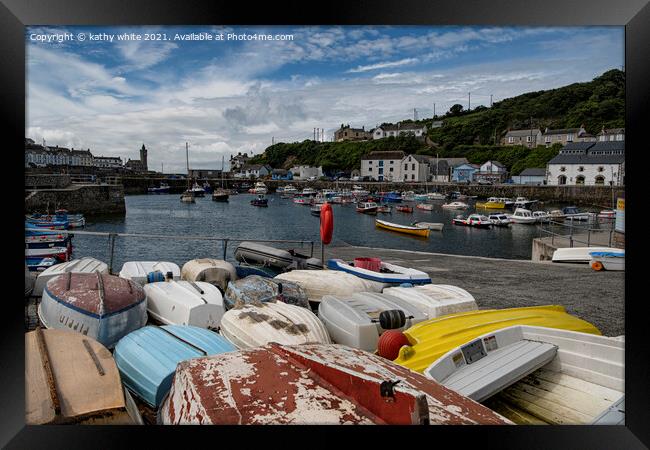 Porthleven Cornwall fishing boats Framed Print by kathy white