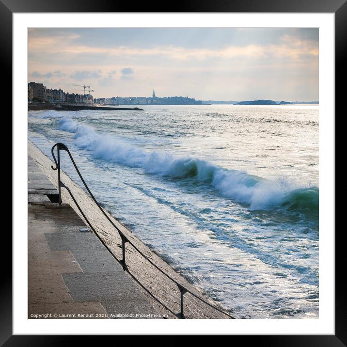 Wave on the Saint-Malo dike Framed Mounted Print by Laurent Renault