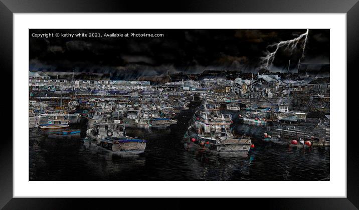 stormy night Porthleven Framed Mounted Print by kathy white