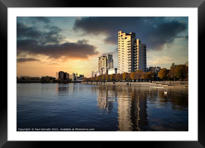 Salford Quays water front at sunset Framed Mounted Print by Paul Gorvett