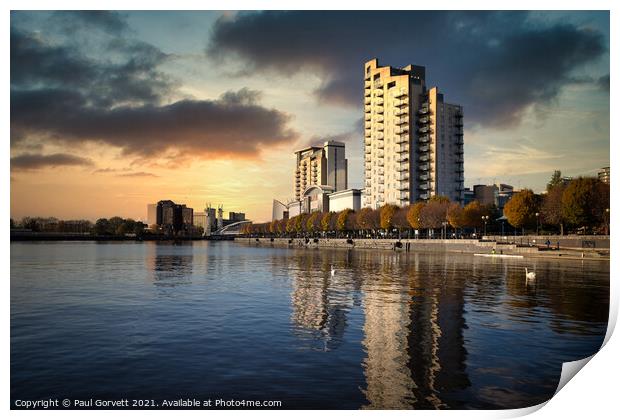 Salford Quays water front at sunset Print by Paul Gorvett