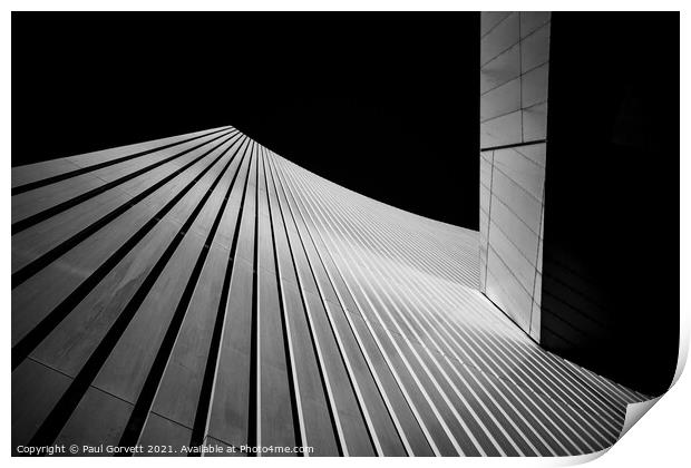modern city building looking up to clear sky black and white Print by Paul Gorvett