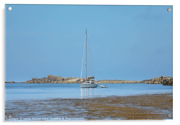 Yacht moored at St Martins, Isles of Scilly Acrylic by Simon Marlow