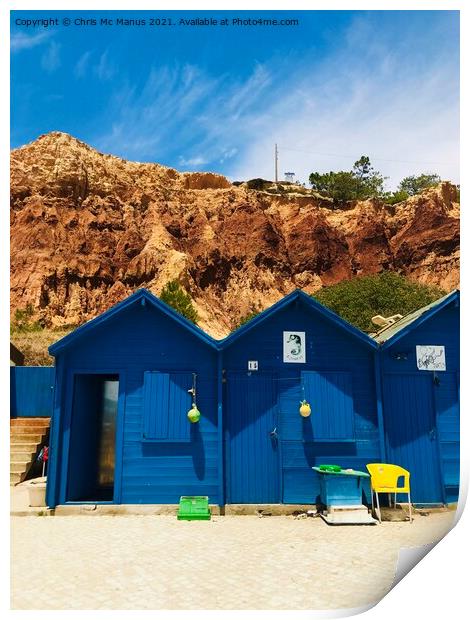 Colourful Beach Huts on Algarves Golden Cliffs Print by Chris Mc Manus