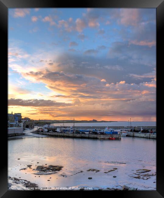 Sunset Seahouses Harbour Framed Print by Craig Williams