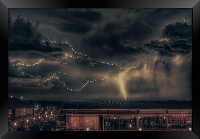 Lightning strike over chatham dockside Framed Print by stuart bingham