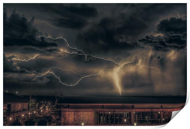 Lightning strike over chatham dockside Print by stuart bingham