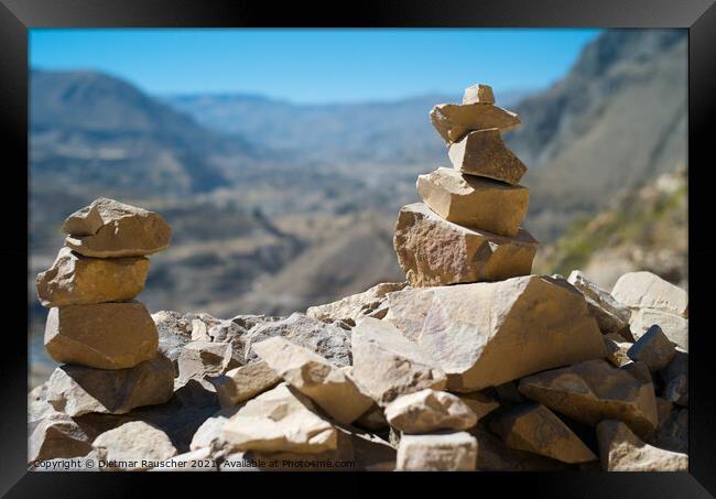Piled up Stones in Colca Valley, Peru Framed Print by Dietmar Rauscher