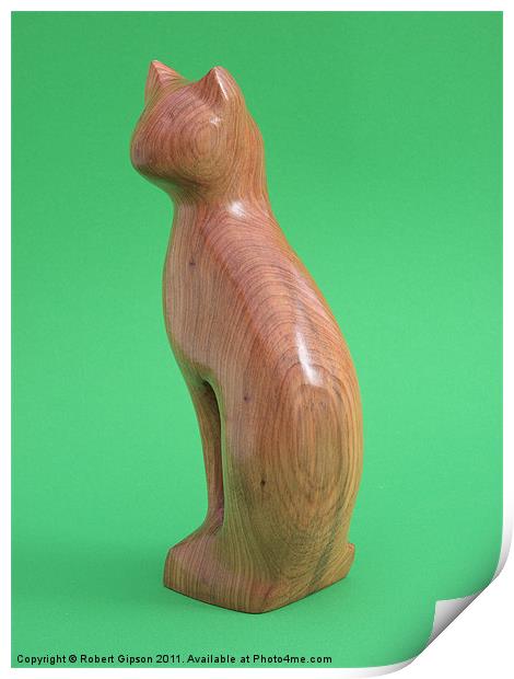 Carved wooden Cat on green Print by Robert Gipson
