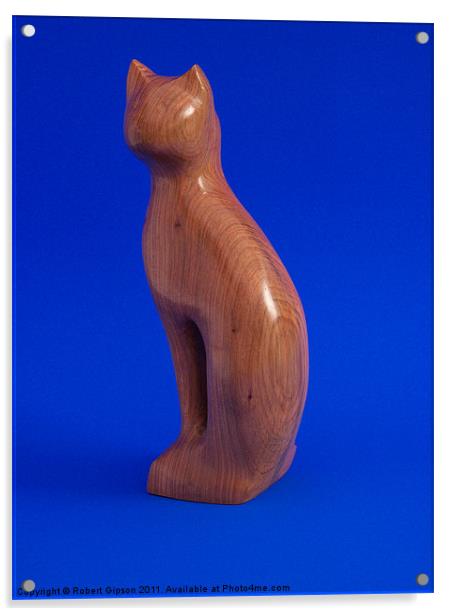 Carved wooden Cat on Blue Acrylic by Robert Gipson