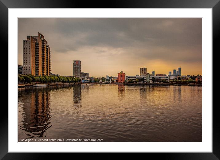 Manchester city skyline reflections - Salford Quay Framed Mounted Print by Richard Perks