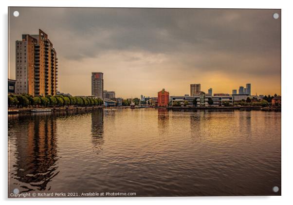 Manchester city skyline reflections - Salford Quay Acrylic by Richard Perks