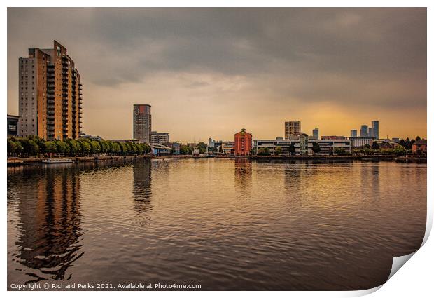 Manchester city skyline reflections - Salford Quay Print by Richard Perks