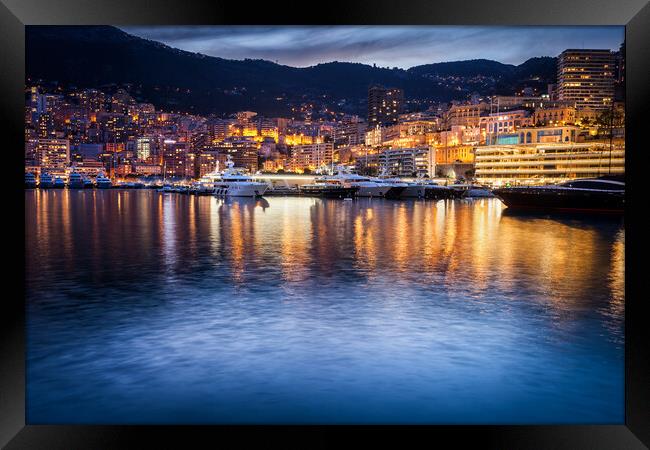 Monaco Evening Skyline Framed Print by Artur Bogacki