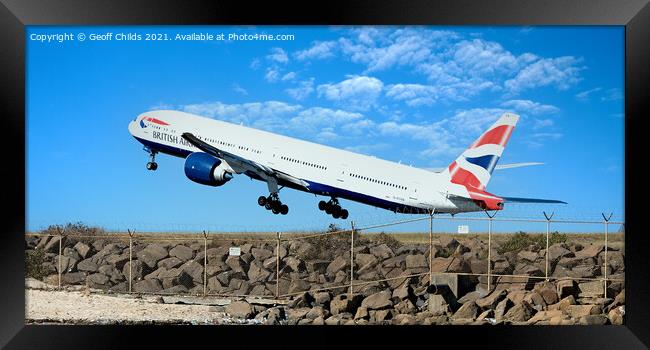 British Airways passenger jet aircraft taking off. Framed Print by Geoff Childs