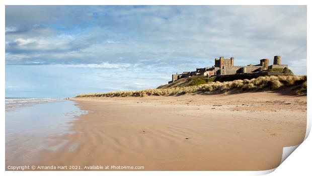 Bamburgh beach and castle, Northumberland Print by Amanda Hart