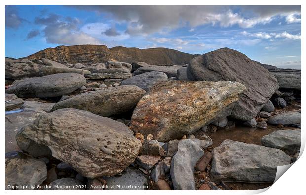 Rocks on Monknash Beach Print by Gordon Maclaren