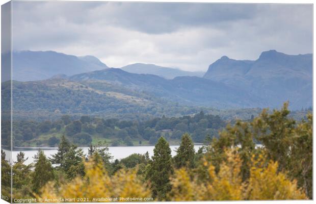 View across Windermere towards the Langdale Pikes, Crinkle Crags and Bowfell Canvas Print by Amanda Hart
