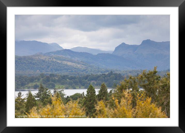 View across Windermere towards the Langdale Pikes, Crinkle Crags and Bowfell Framed Mounted Print by Amanda Hart