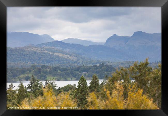 View across Windermere towards the Langdale Pikes, Crinkle Crags and Bowfell Framed Print by Amanda Hart