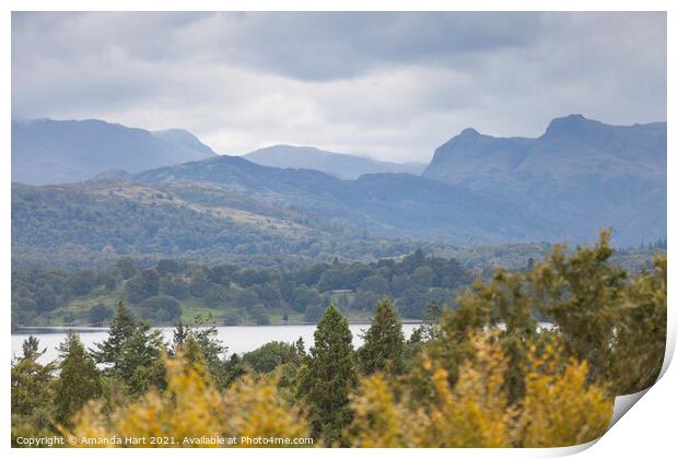 View across Windermere towards the Langdale Pikes, Crinkle Crags and Bowfell Print by Amanda Hart