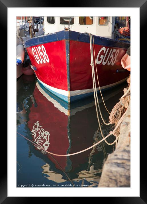 Red fishing boat reflection Framed Mounted Print by Amanda Hart