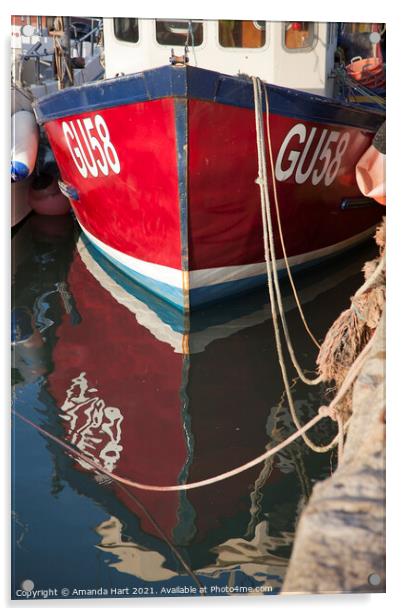 Red fishing boat reflection Acrylic by Amanda Hart