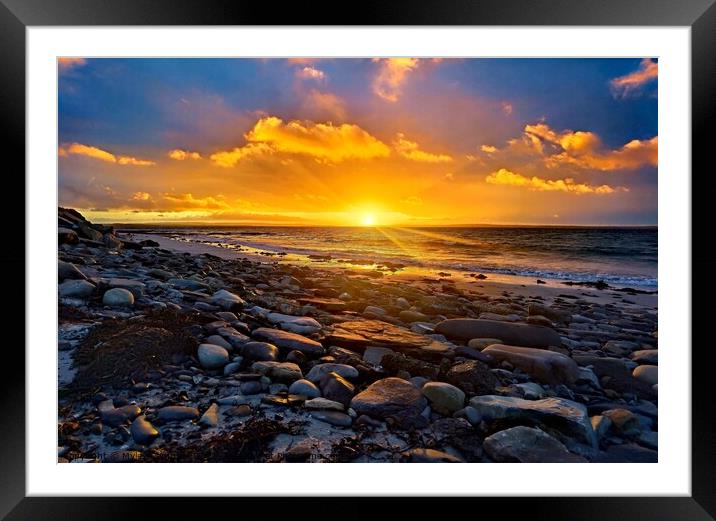 Sunset on the rocky beach Framed Mounted Print by Myles Campbell
