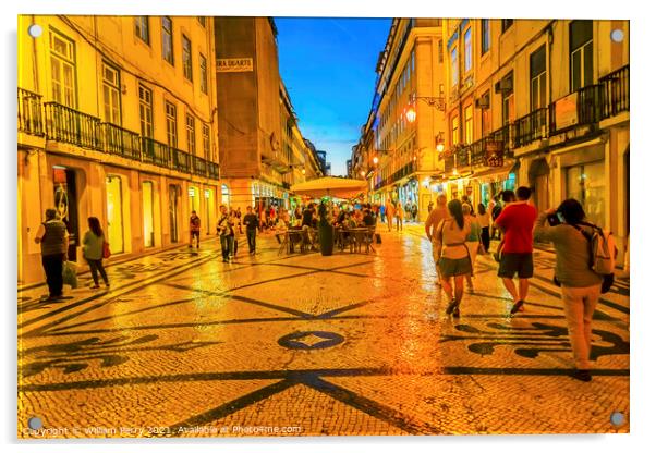Rua Augusta Evening Walking Shopping Street Baixa Lisbon Portuga Acrylic by William Perry