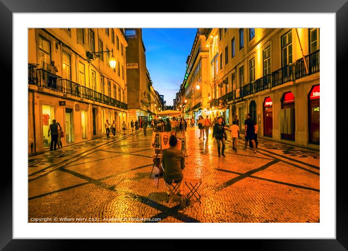 Artist Rua Augusta Evening Walking Shopping Street Baixa Lisbon  Framed Mounted Print by William Perry