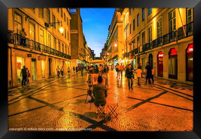 Artist Rua Augusta Evening Walking Shopping Street Baixa Lisbon  Framed Print by William Perry