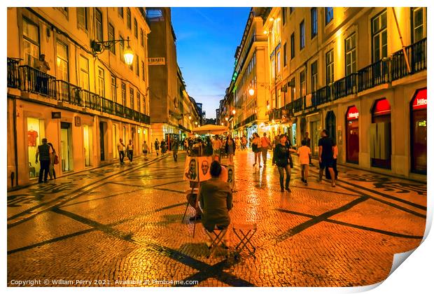 Artist Rua Augusta Evening Walking Shopping Street Baixa Lisbon  Print by William Perry