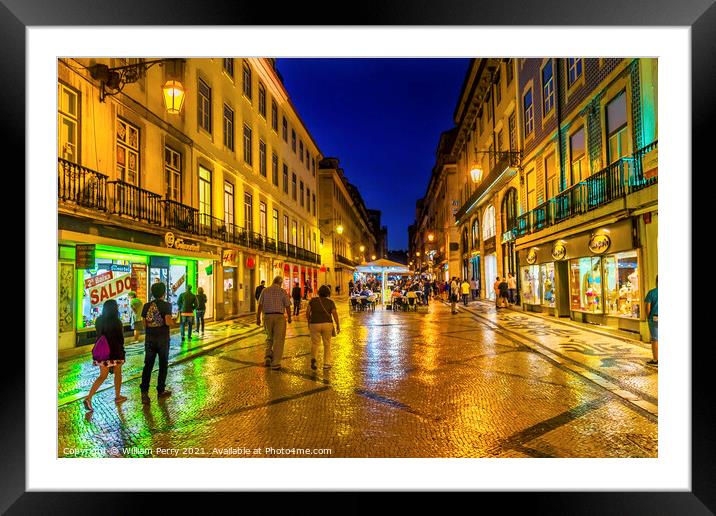 Rua Augusta Evening Walking Shopping Street Baixa Lisbon Portuga Framed Mounted Print by William Perry