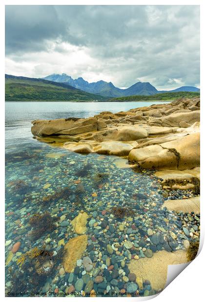 Camas Malag beach with Blaven in the Black Cuillin Mountains beyond, Isle of Skye, Scotland Print by Photimageon UK