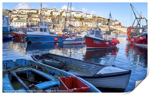 Fishing boats and sailing boats moored in Mevagissey Harbour, Cornwall.  Print by Gordon Maclaren